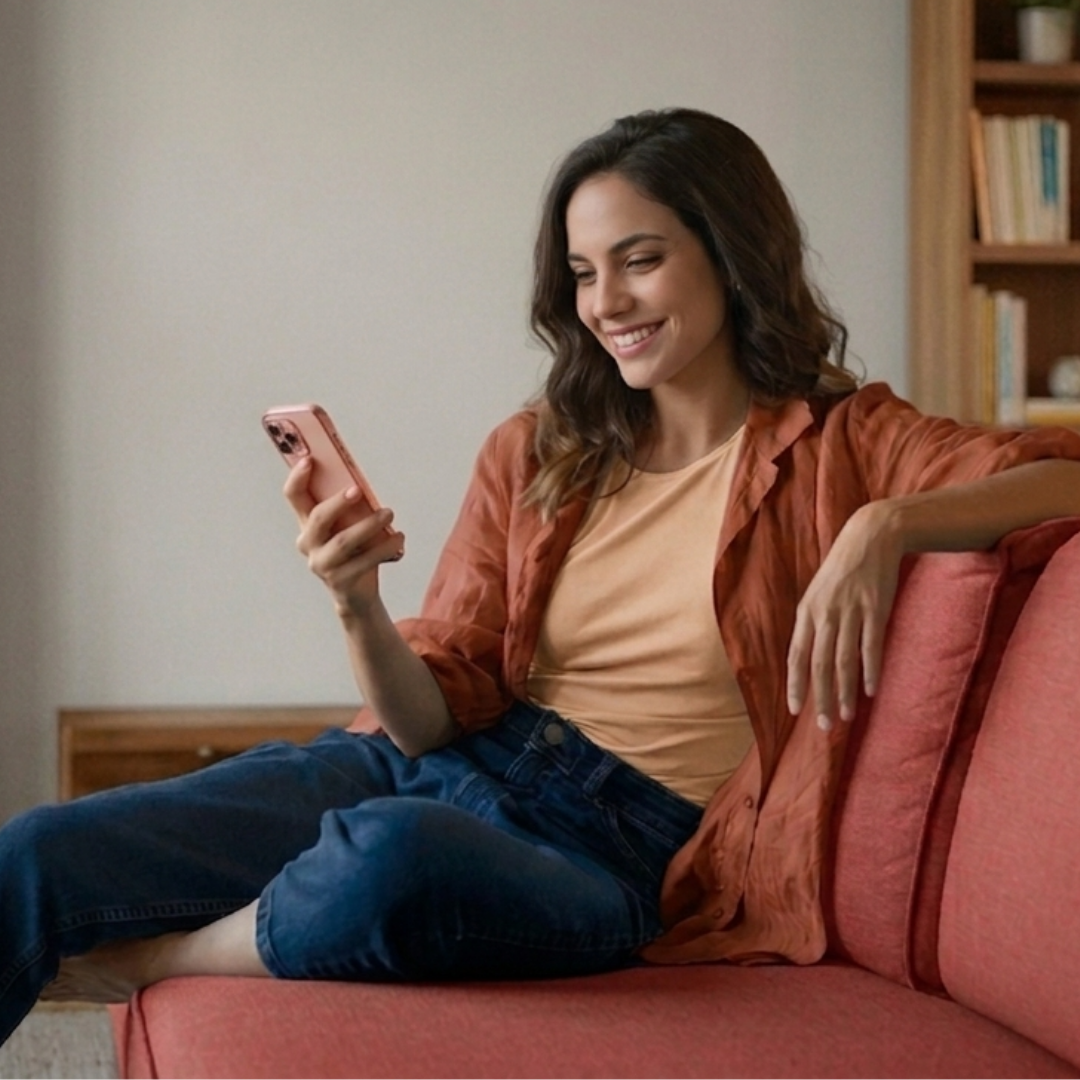 Mulher tranquila no sofá agendando consulta pelo celular